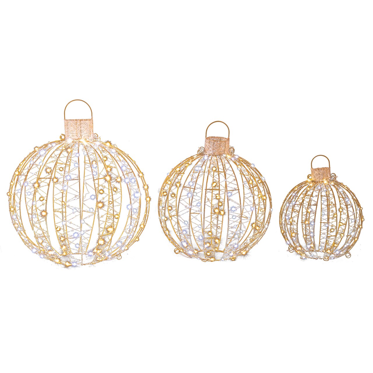 Gold Iron Christmas Light Spheres with 360 LED Beads, Hooks, Rings and Stakes
